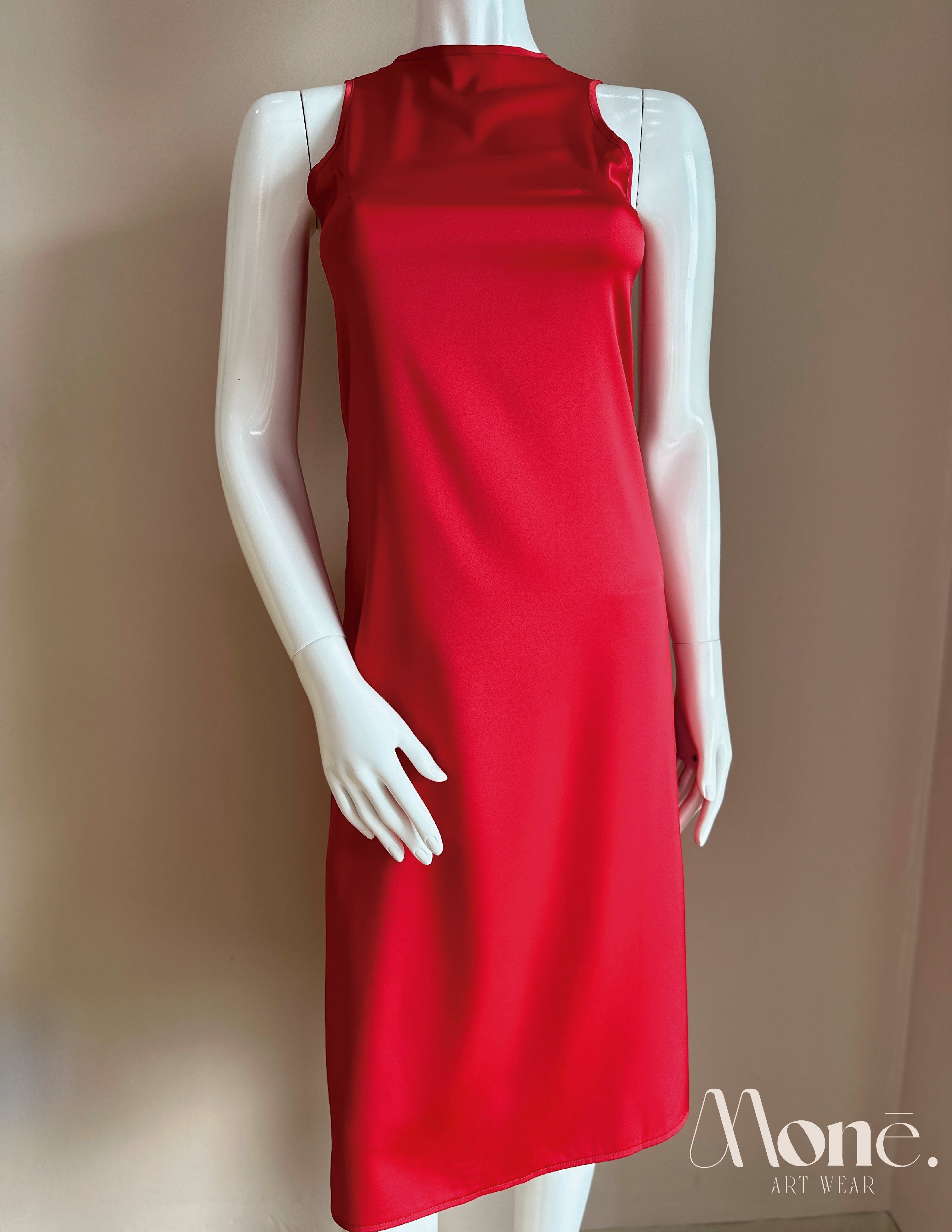 Vestido Satín Sin Manga Rojo